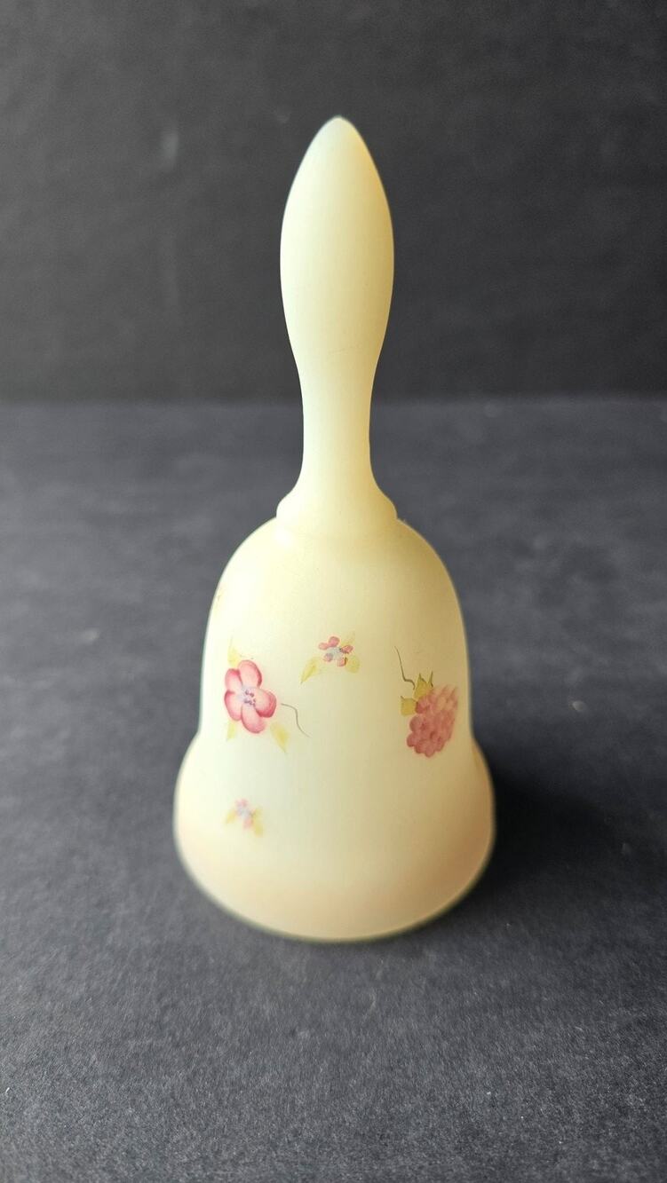 Yellow Satin Glass Hand Bell Pink Floral Hand Painted Signed Collectible *Crack